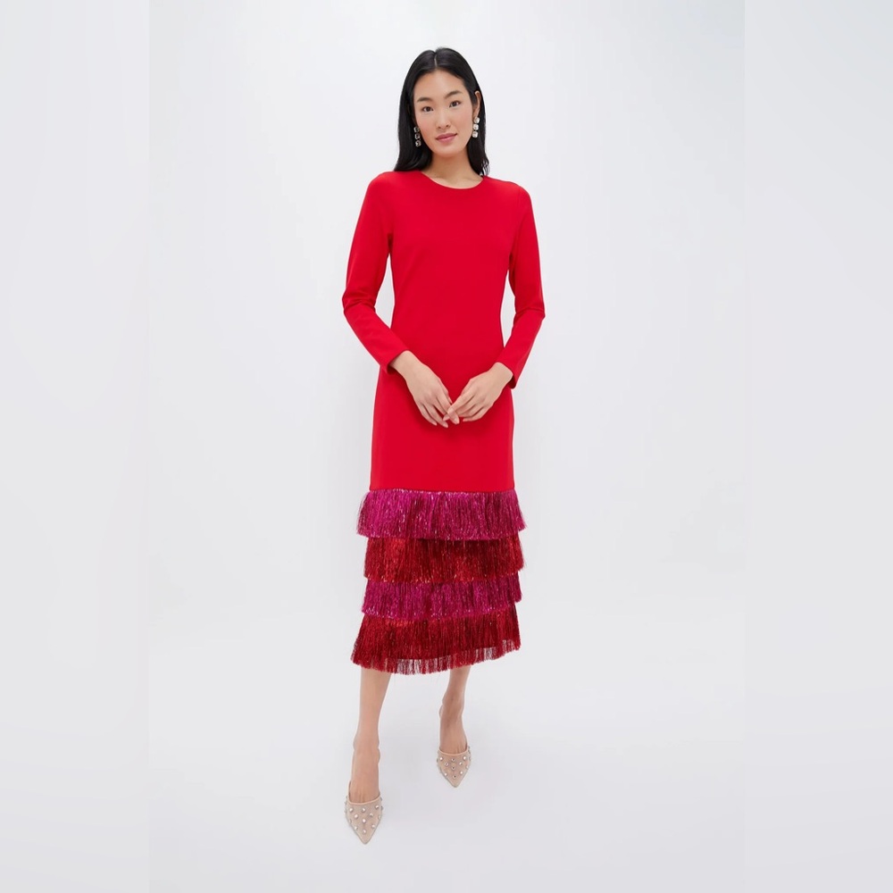 Tuckernuck - Hyacinth House Red & Pink Metallic Fringe Long Sleeve Maxi Dress